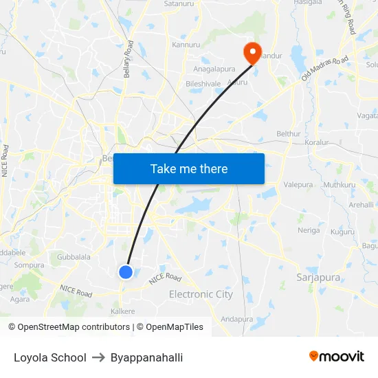 Loyola School to Byappanahalli map