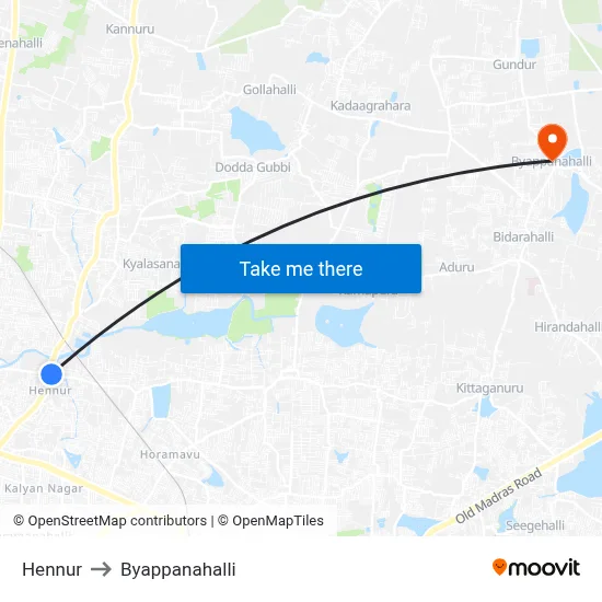 Hennur to Byappanahalli map