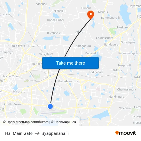 Hal Main Gate to Byappanahalli map