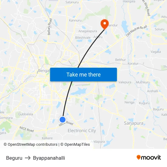 Beguru to Byappanahalli map