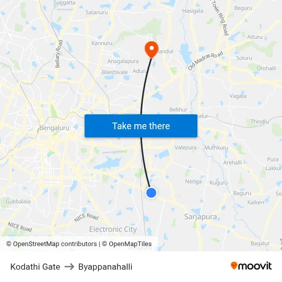 Kodathi Gate to Byappanahalli map