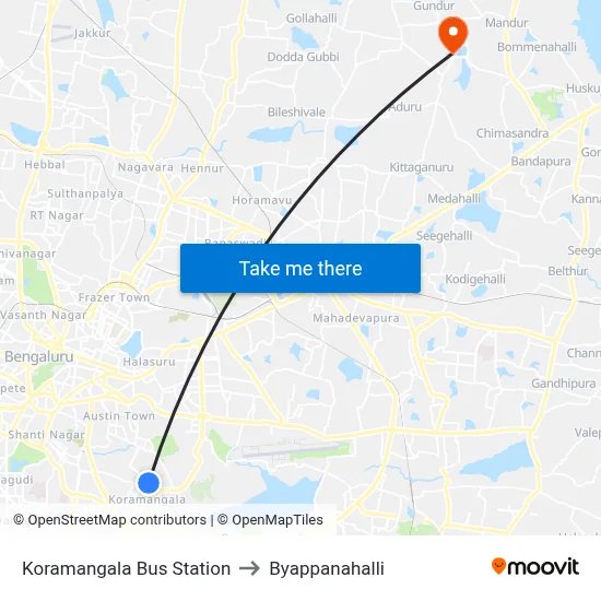 Koramangala Bus Station to Byappanahalli map
