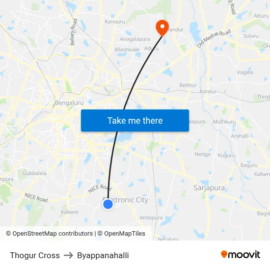 Thogur Cross to Byappanahalli map