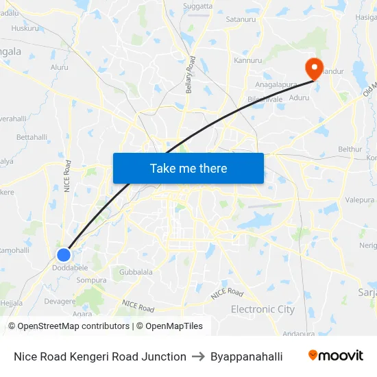 Nice Road Kengeri Road Junction to Byappanahalli map