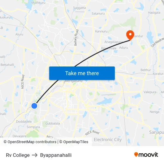 Rv College to Byappanahalli map