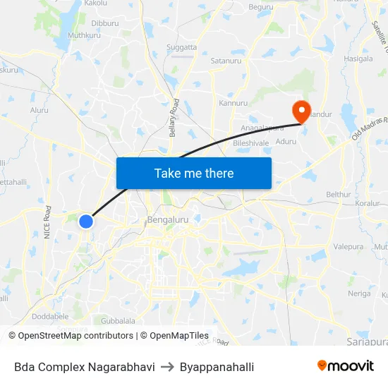 Bda Complex Nagarabhavi to Byappanahalli map