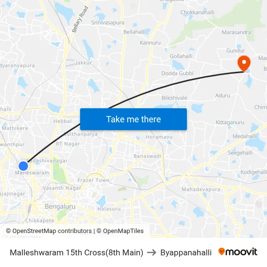 Malleshwaram 15th Cross(8th Main) to Byappanahalli map