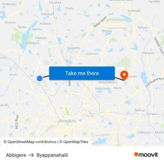 Abbigere to Byappanahalli map