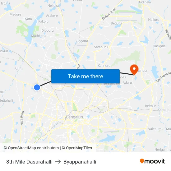 8th Mile Dasarahalli to Byappanahalli map