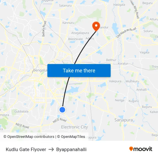 Kudlu Gate Flyover to Byappanahalli map