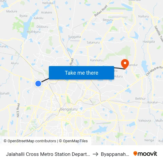 Jalahalli Cross Metro Station Departure to Byappanahalli map