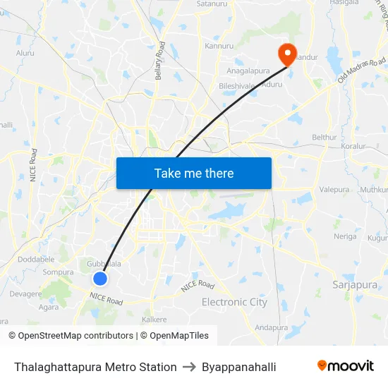 Thalaghattapura Metro Station to Byappanahalli map