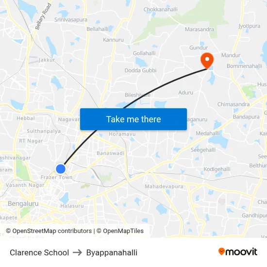 Clarence School to Byappanahalli map