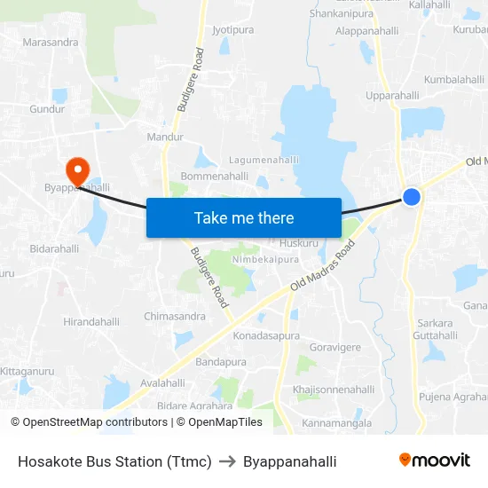 Hosakote Bus Station (Ttmc) to Byappanahalli map