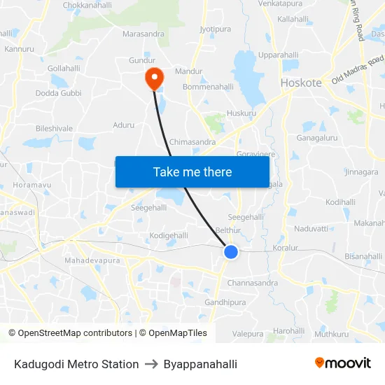 Kadugodi Metro Station to Byappanahalli map