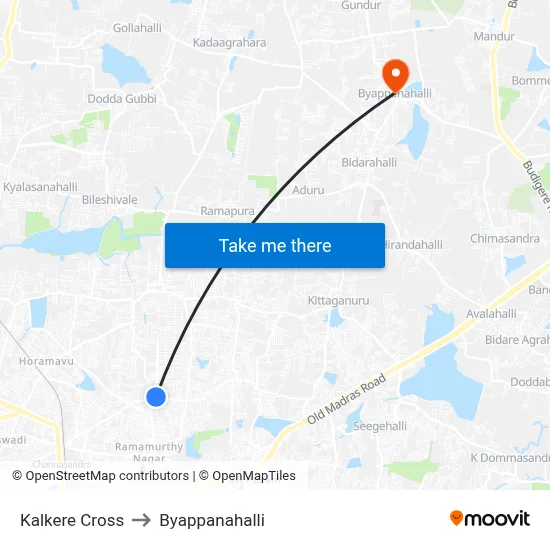 Kalkere Cross to Byappanahalli map