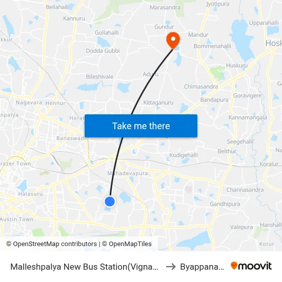 Malleshpalya New Bus Station(Vignananagar) to Byappanahalli map