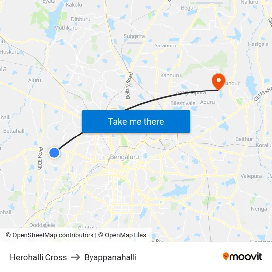 Herohalli Cross to Byappanahalli map