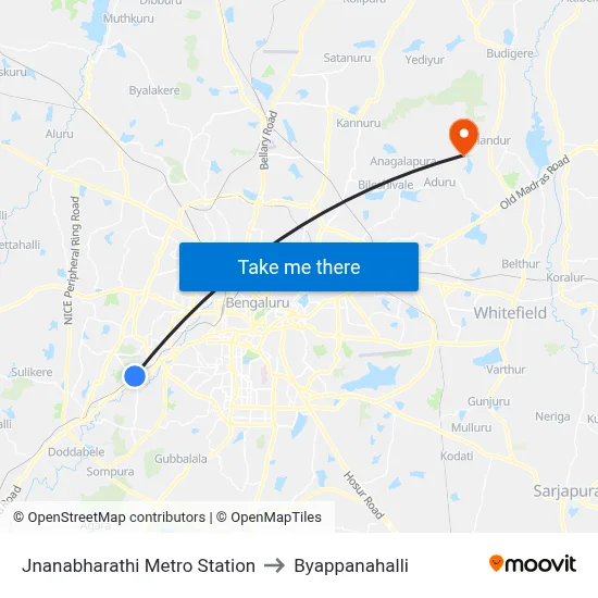 Jnanabharathi Metro Station to Byappanahalli map