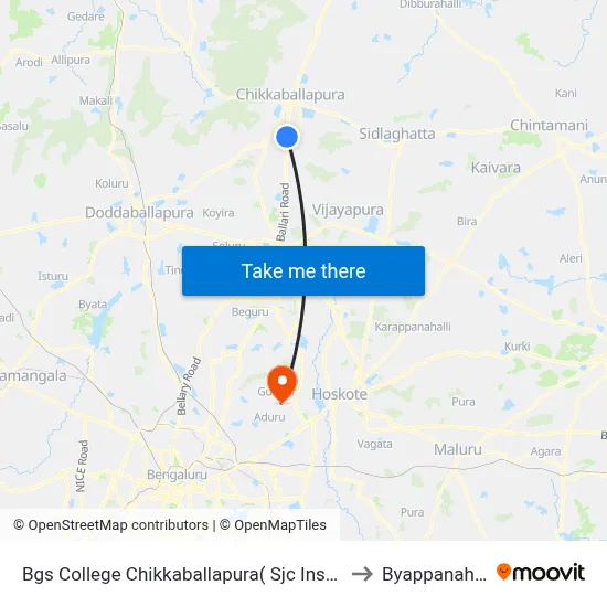 Bgs College Chikkaballapura( Sjc Institute) to Byappanahalli map