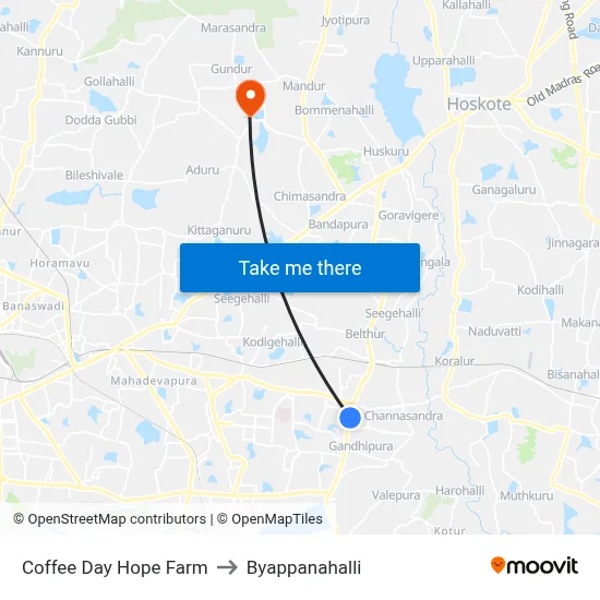 Coffee Day Hope Farm to Byappanahalli map