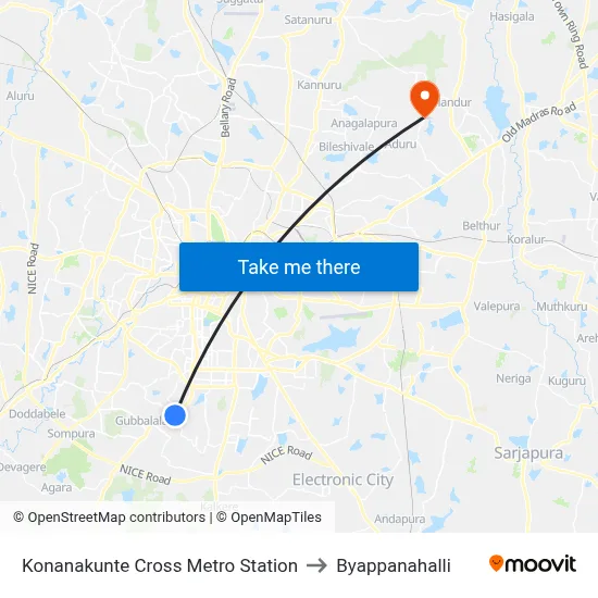 Konanakunte Cross Metro Station to Byappanahalli map