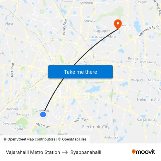 Vajarahalli Metro Station to Byappanahalli map