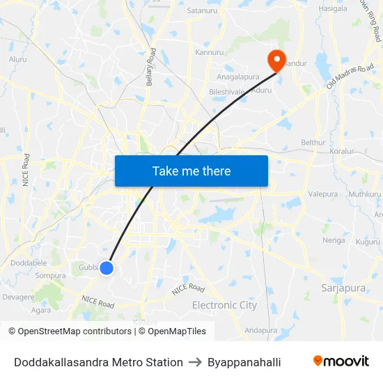 Doddakallasandra Metro Station to Byappanahalli map
