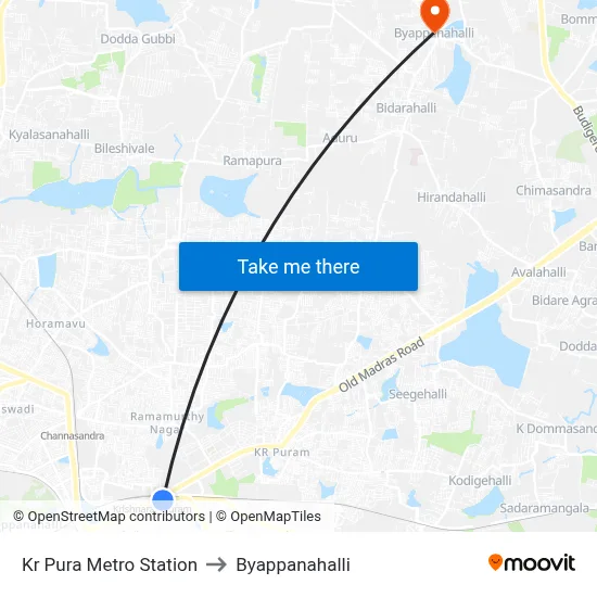 Kr Pura Metro Station to Byappanahalli map