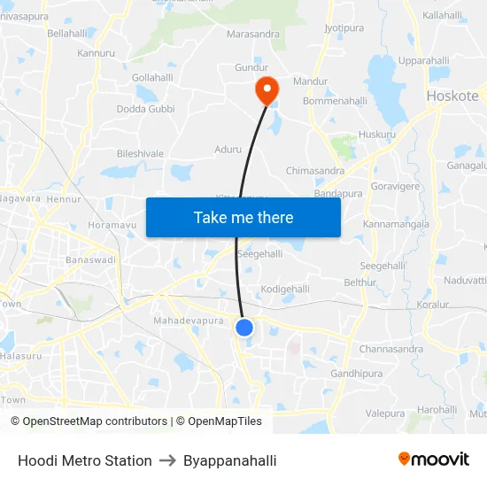 Hoodi Metro Station to Byappanahalli map