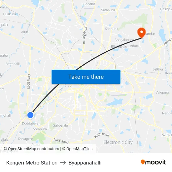 Kengeri Metro Station to Byappanahalli map