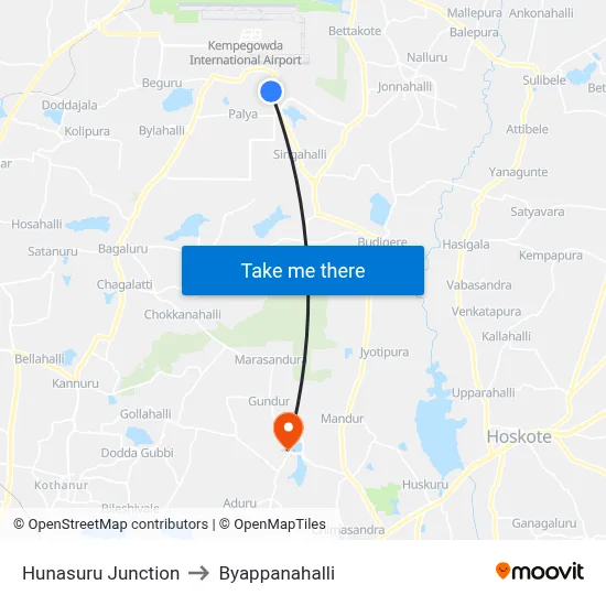 Hunasuru Junction to Byappanahalli map