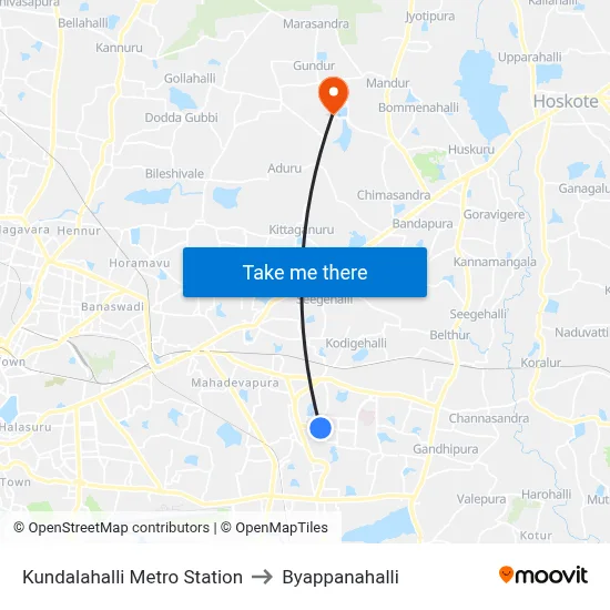 Kundalahalli Metro Station to Byappanahalli map