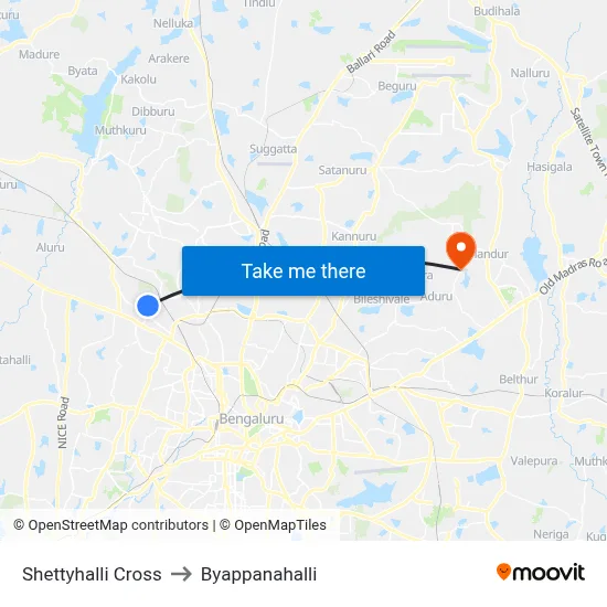 Shettyhalli Cross to Byappanahalli map