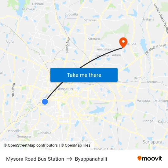 Mysore Road Bus Station to Byappanahalli map