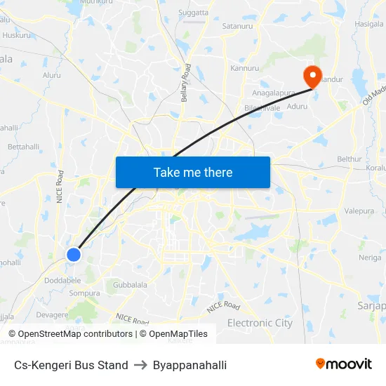 Cs-Kengeri Bus Stand to Byappanahalli map