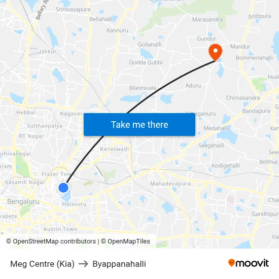 Meg Centre (Kia) to Byappanahalli map