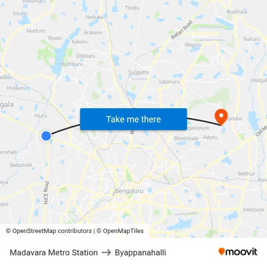 Madavara Metro Station to Byappanahalli map