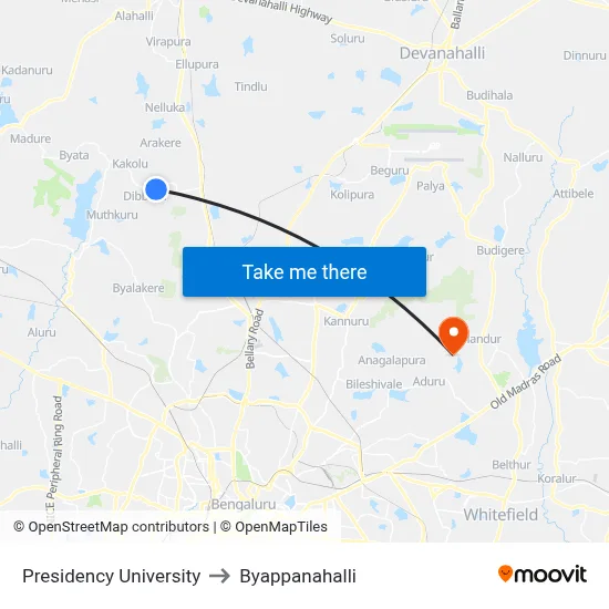 Presidency University to Byappanahalli map