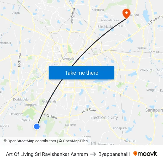 Art Of Living Sri Ravishankar Ashram to Byappanahalli map