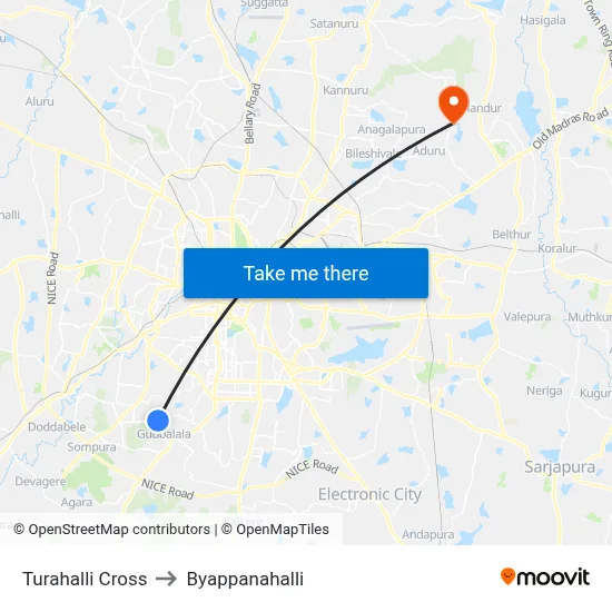 Turahalli Cross to Byappanahalli map