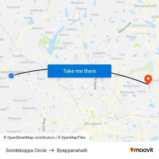 Sondekoppa Circle to Byappanahalli map