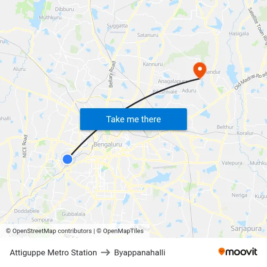 Attiguppe Metro Station to Byappanahalli map