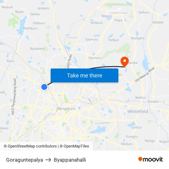 Goraguntepalya to Byappanahalli map