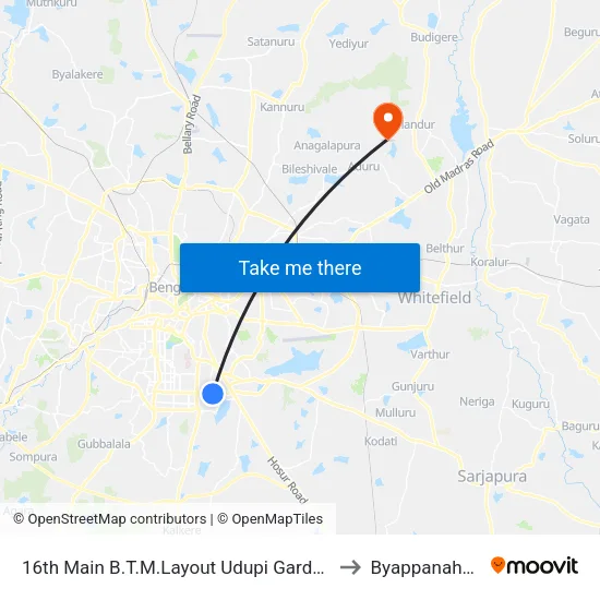16th Main B.T.M.Layout Udupi Gardens to Byappanahalli map