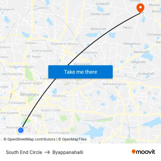 South End Circle to Byappanahalli map