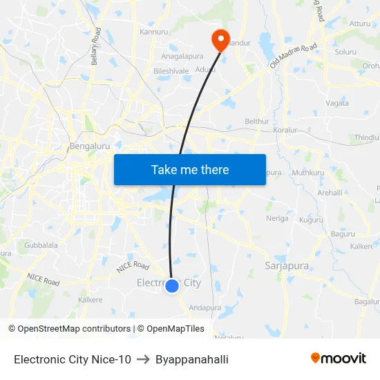 Electronic City Nice-10 to Byappanahalli map