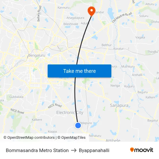 Bommasandra Metro Station to Byappanahalli map
