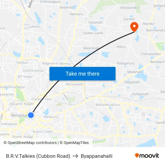 B.R.V.Talkies (Cubbon Road) to Byappanahalli map