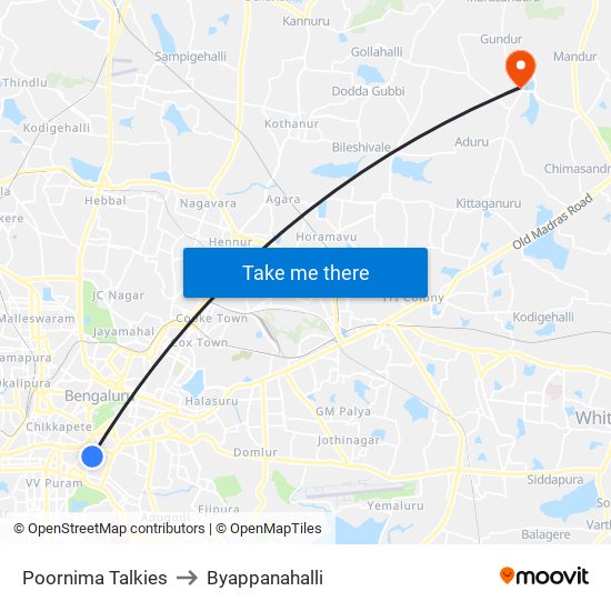 Poornima Talkies to Byappanahalli map